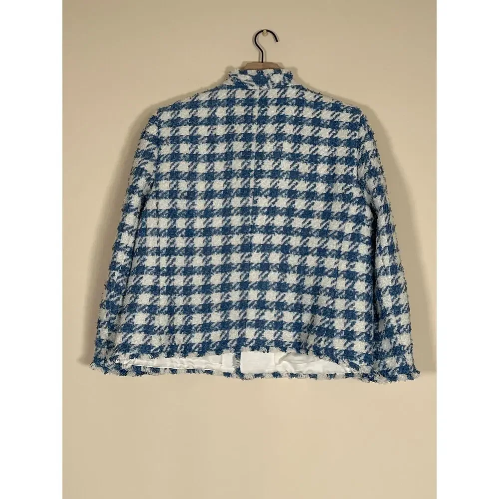 Ann Taylor Blue White Tweed Fringe The Cutaway Jacket Women’s Large Open Front